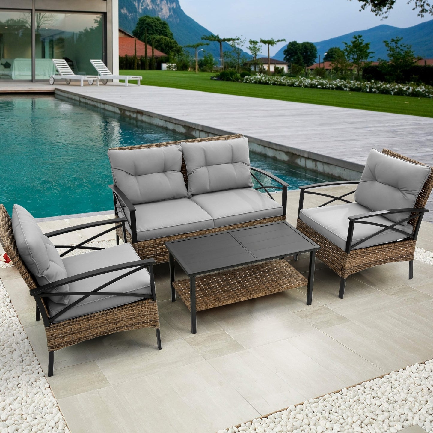 4-Piece Patio Sectional Sofa Set, KD Rattan Wicker, Outdoor Garden Furniture
