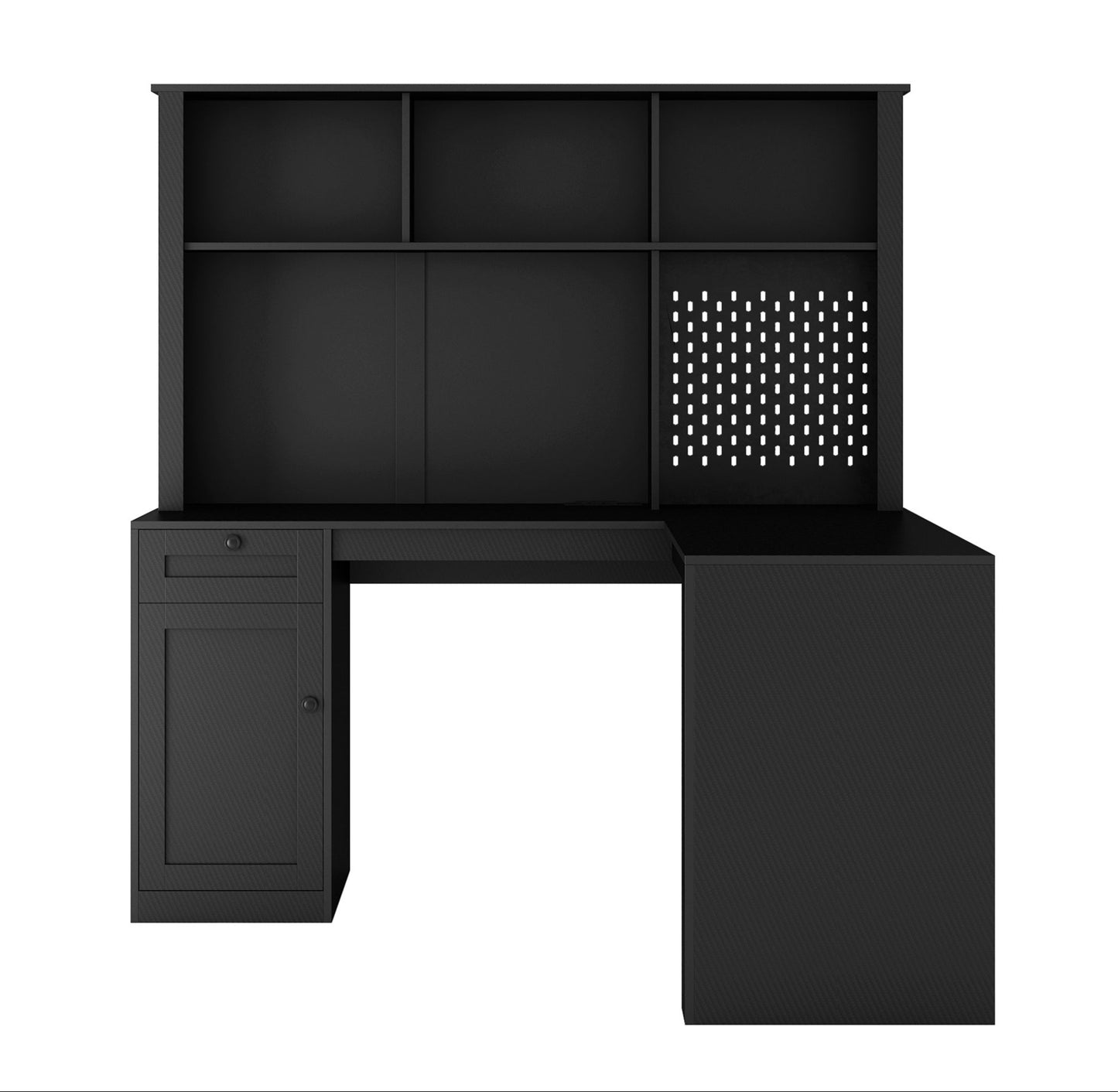 L-Shaped Carbon Fiber Surface Home/Office Desk with Power Outlet, Drawers, and Bookshelf