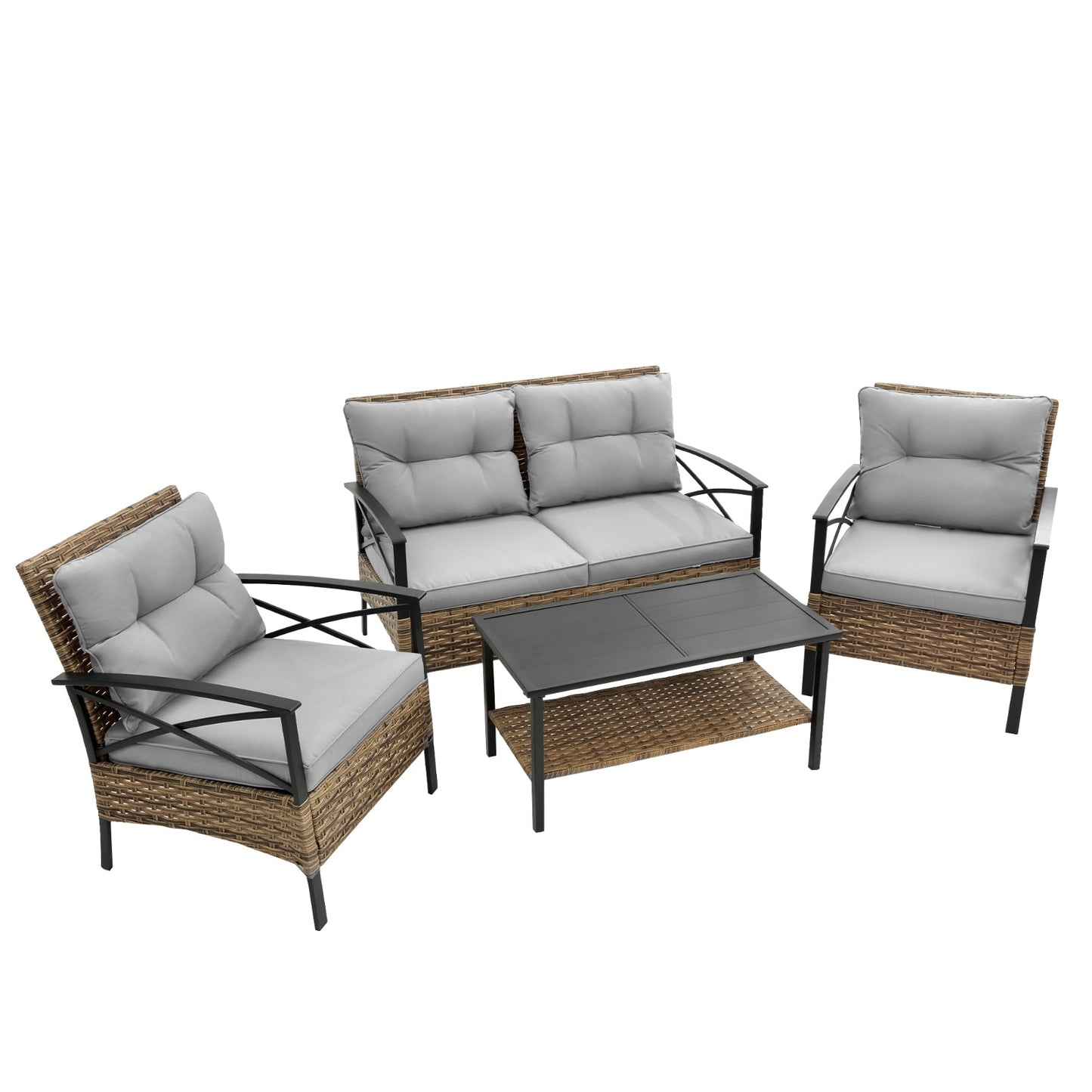 4-Piece Patio Sectional Sofa Set, KD Rattan Wicker, Outdoor Garden Furniture