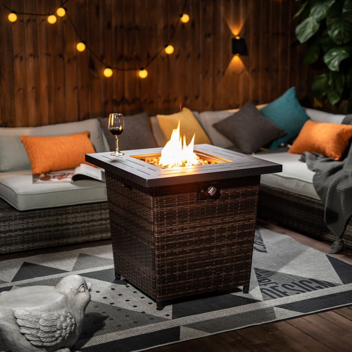 28in. Outdoor Propane Fire Pit Table, Patio Heater with Faux Wicker/Rattan Base