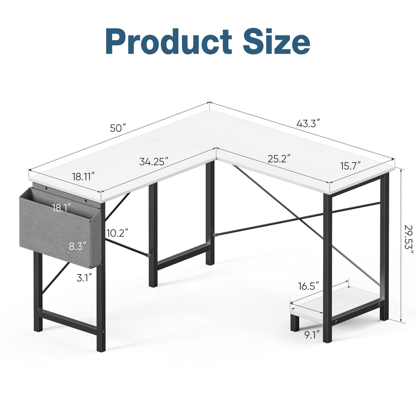 L-Shaped Computer/Office Desk, Modern Corner Desk for Home Office, Study, or Gaming Setup