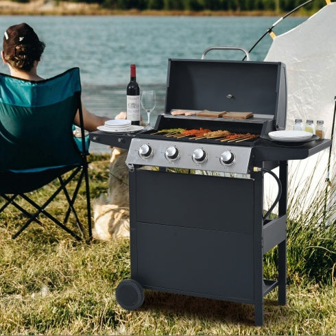 4-Burner Propane BBQ Grill, Stainless Steel Outdoor Grill with Storage Shelves, Wheels, Lid, and Bottle Opener