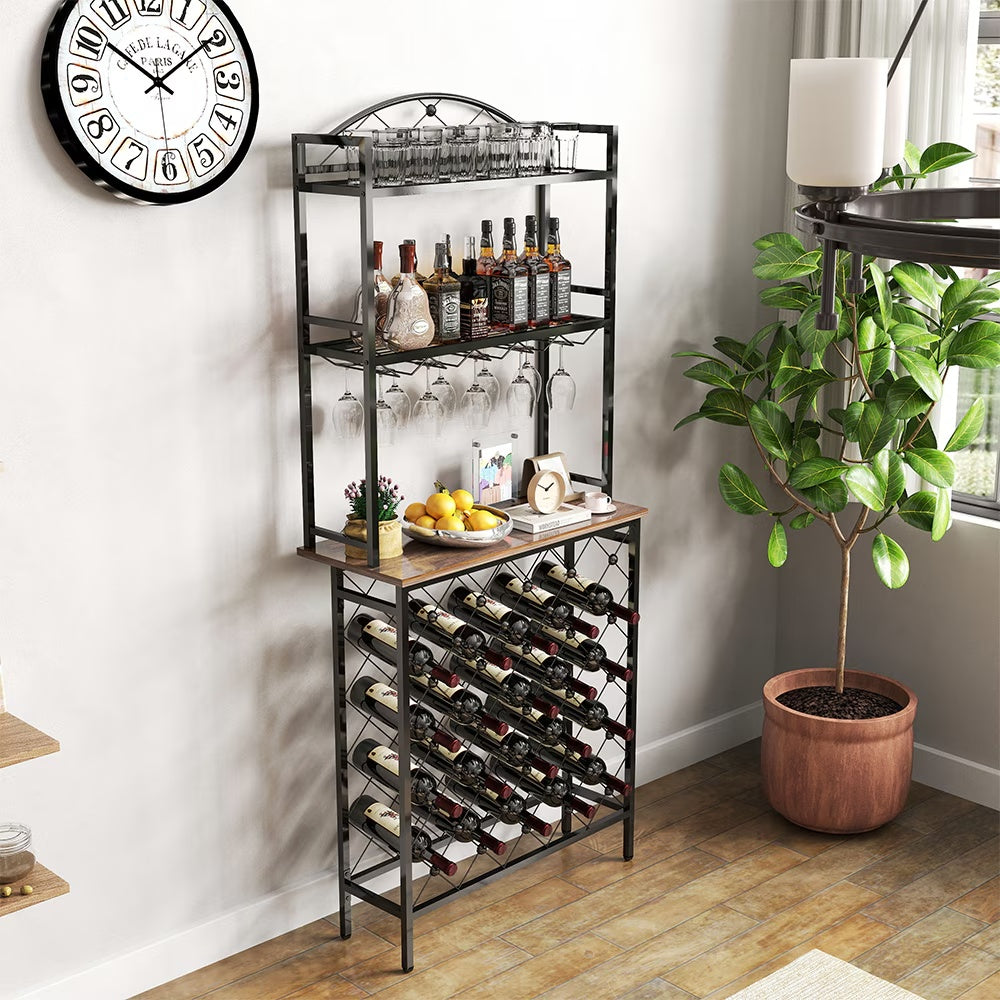 Freestanding Bottle Rack Bar Organizer, Storage Rack with shelf and Glass Holder