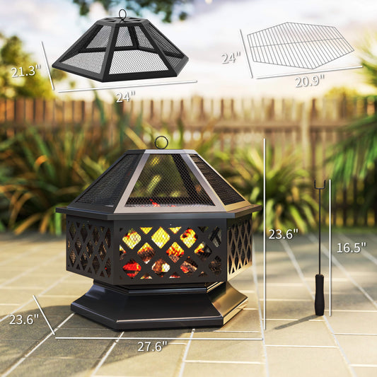 28in. Hexagon Outdoor Fire Pit, Wood Burning with Cooking Grate, Fire Poker and Safety Screen Lid for Patio and Backyard