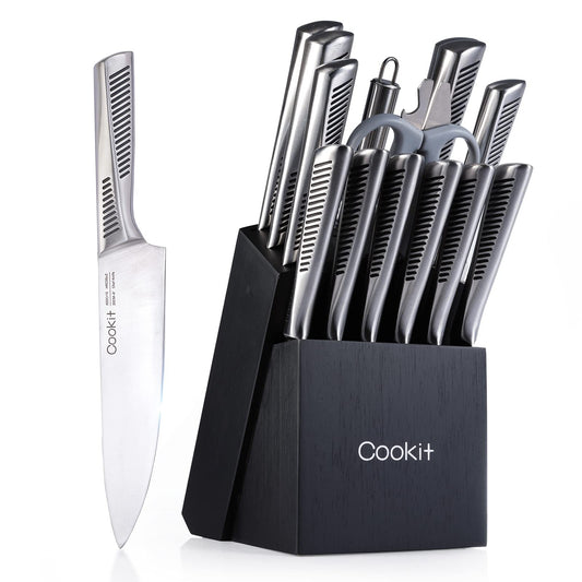Cookit 15-Piece Kitchen Knife Set, Stainless Steel Chef Knives with Non-Slip Handles, Holder and Blade Sharpener