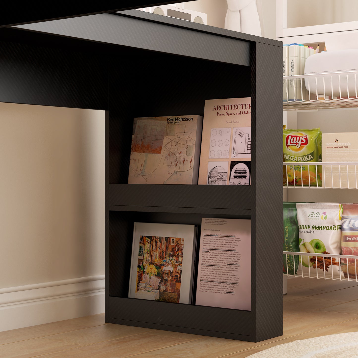 L-Shaped Carbon Fiber Surface Home/Office Desk with Power Outlet, Drawers, and Bookshelf