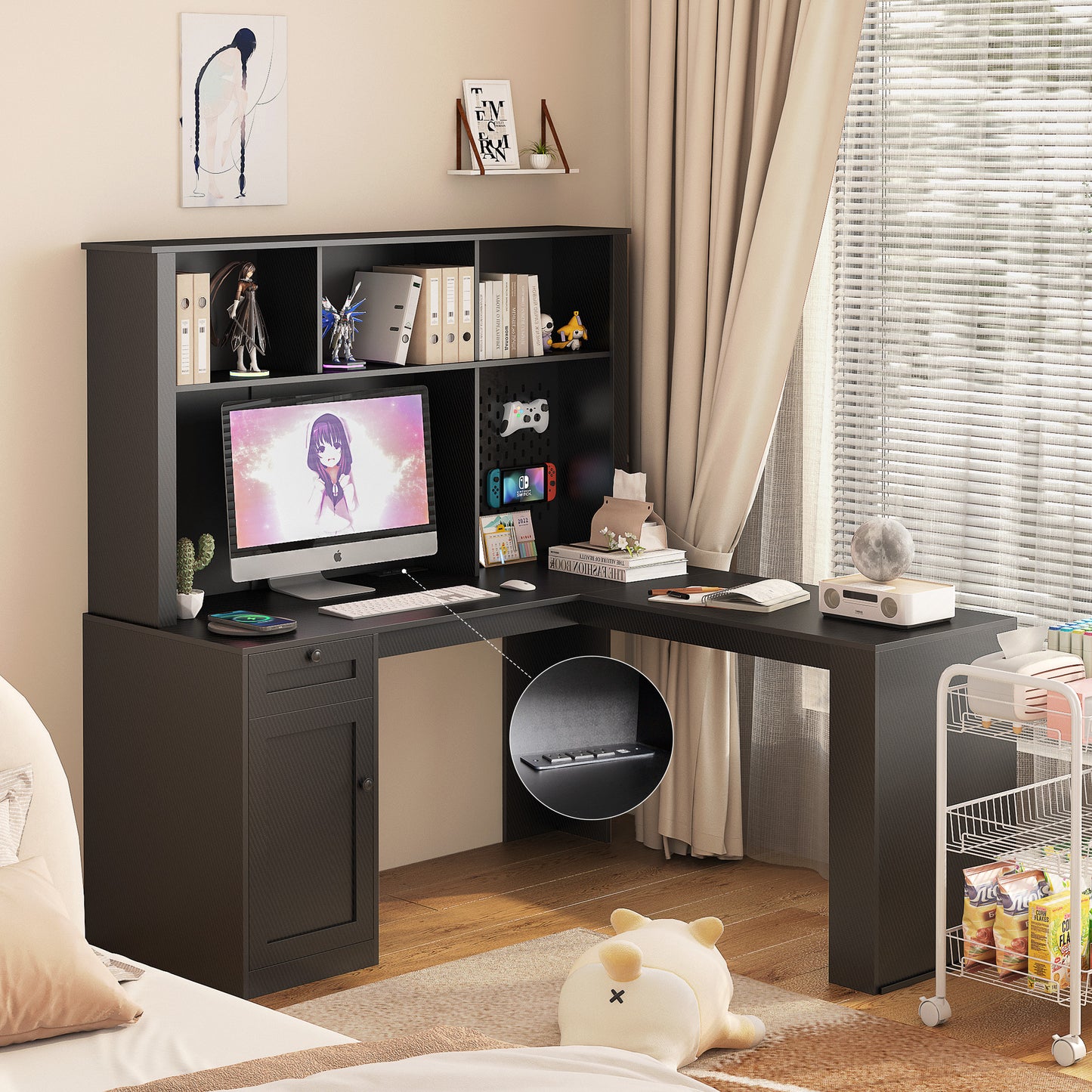 L-Shaped Carbon Fiber Surface Home/Office Desk with Power Outlet, Drawers, and Bookshelf