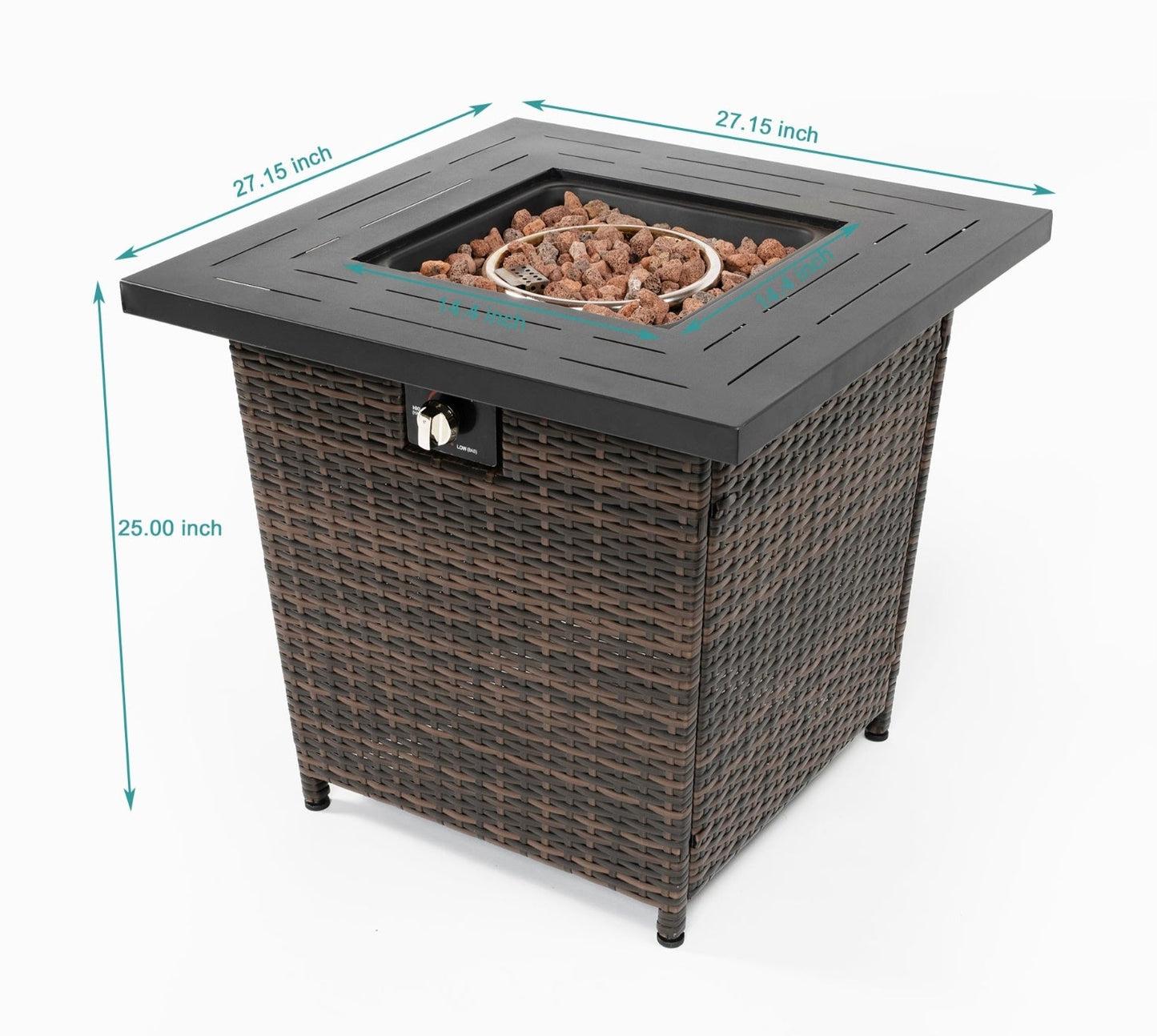 28in. Outdoor Propane Fire Pit Table, Patio Heater with Faux Wicker/Rattan Base