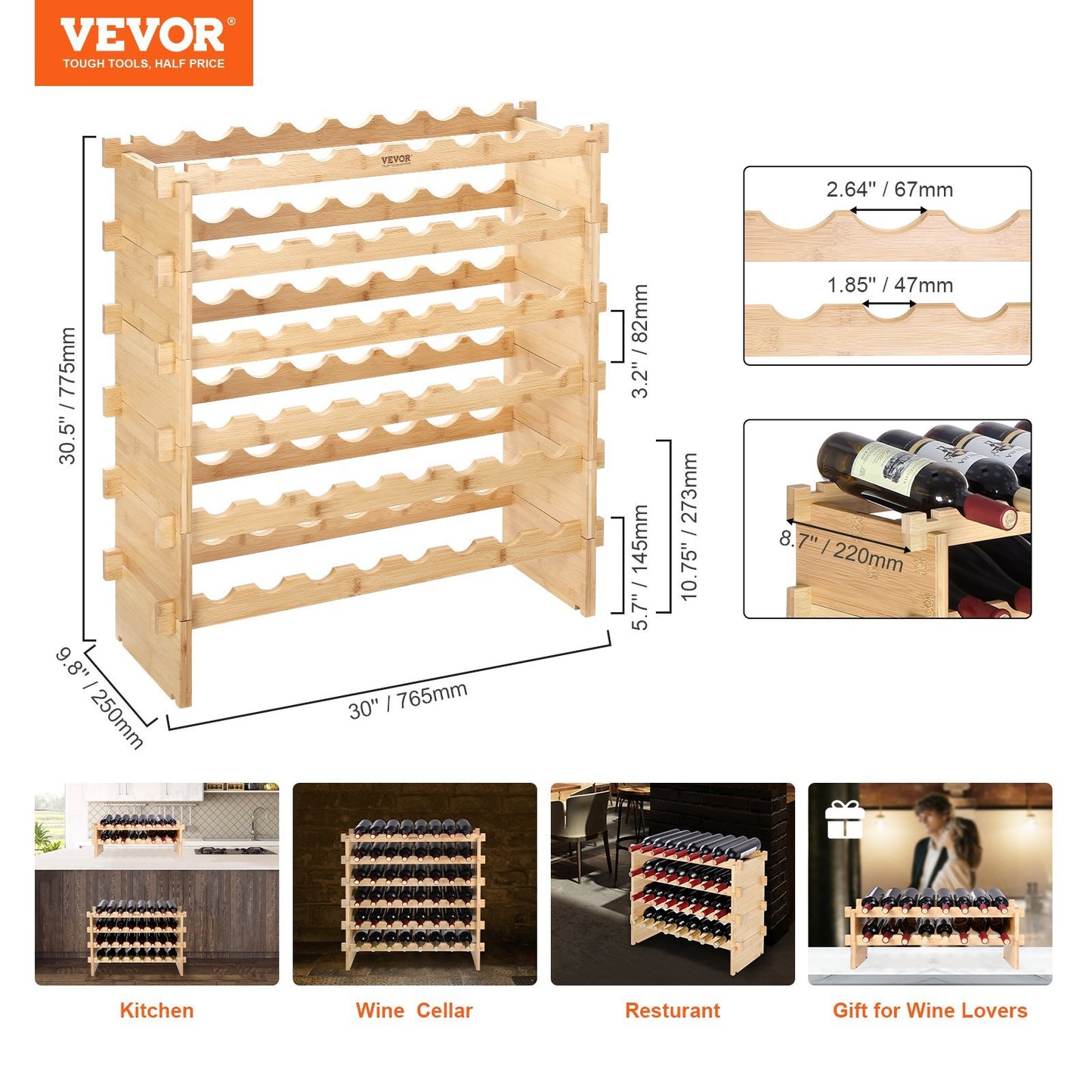 VEVOR 6-Tier Stackable Bottle Rack, 48-Bottle Holder with Bamboo Wood Display Shelf