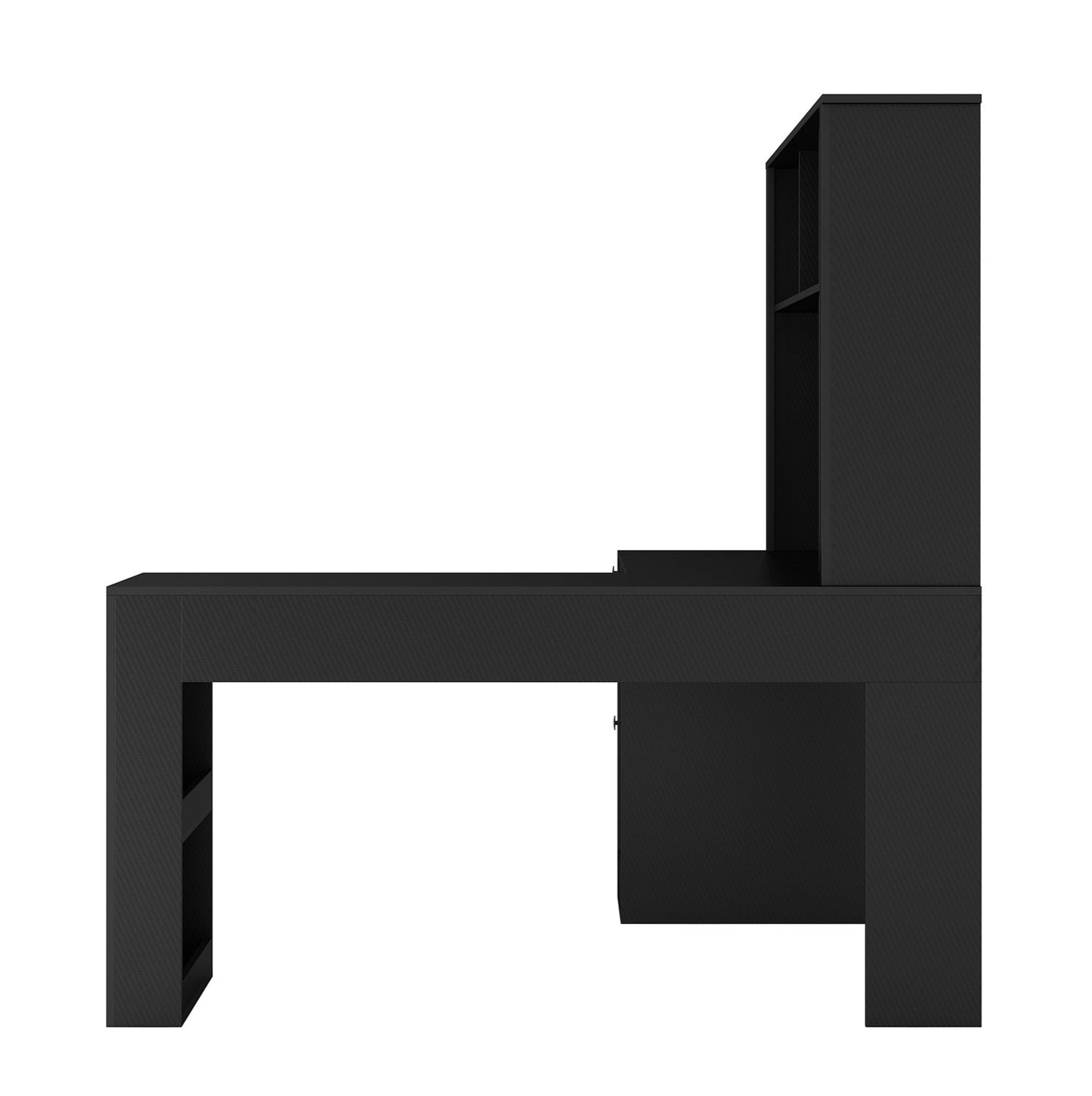 L-Shaped Carbon Fiber Surface Home/Office Desk with Power Outlet, Drawers, and Bookshelf