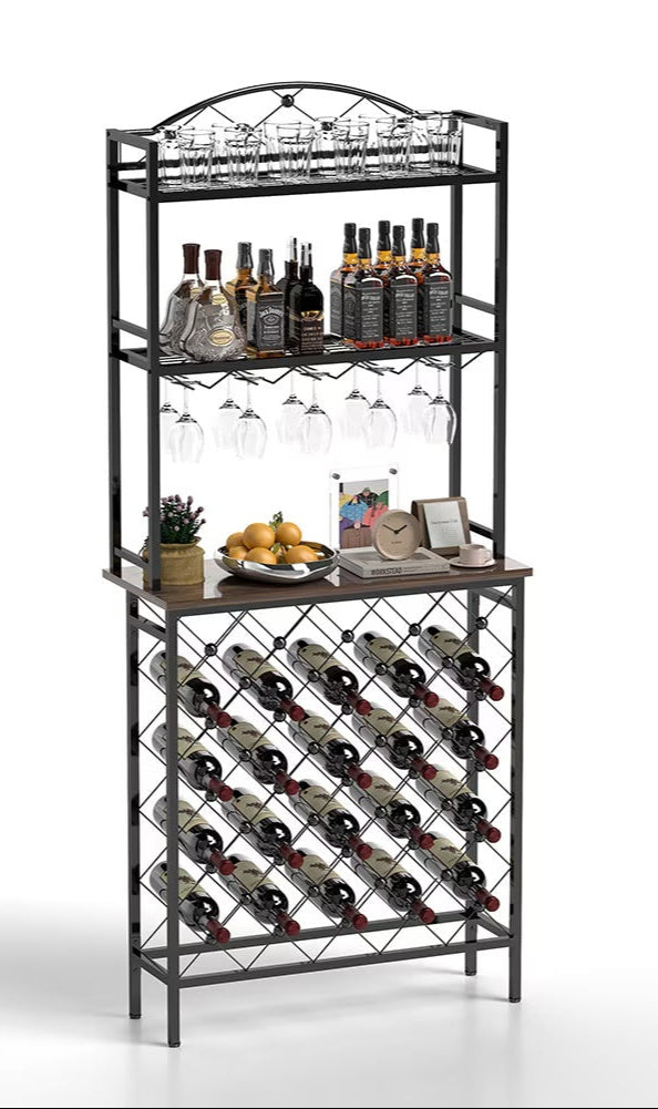 Freestanding Bottle Rack Bar Organizer, Storage Rack with shelf and Glass Holder