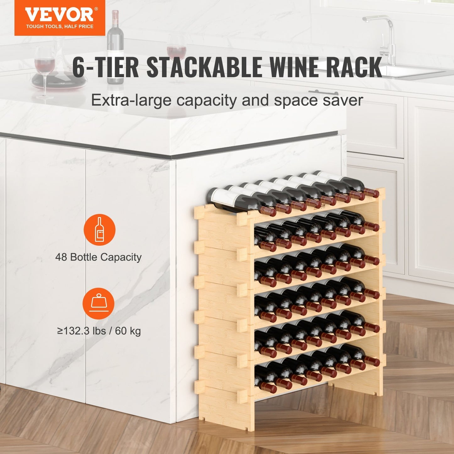 VEVOR 6-Tier Stackable Bottle Rack, 48-Bottle Holder with Bamboo Wood Display Shelf
