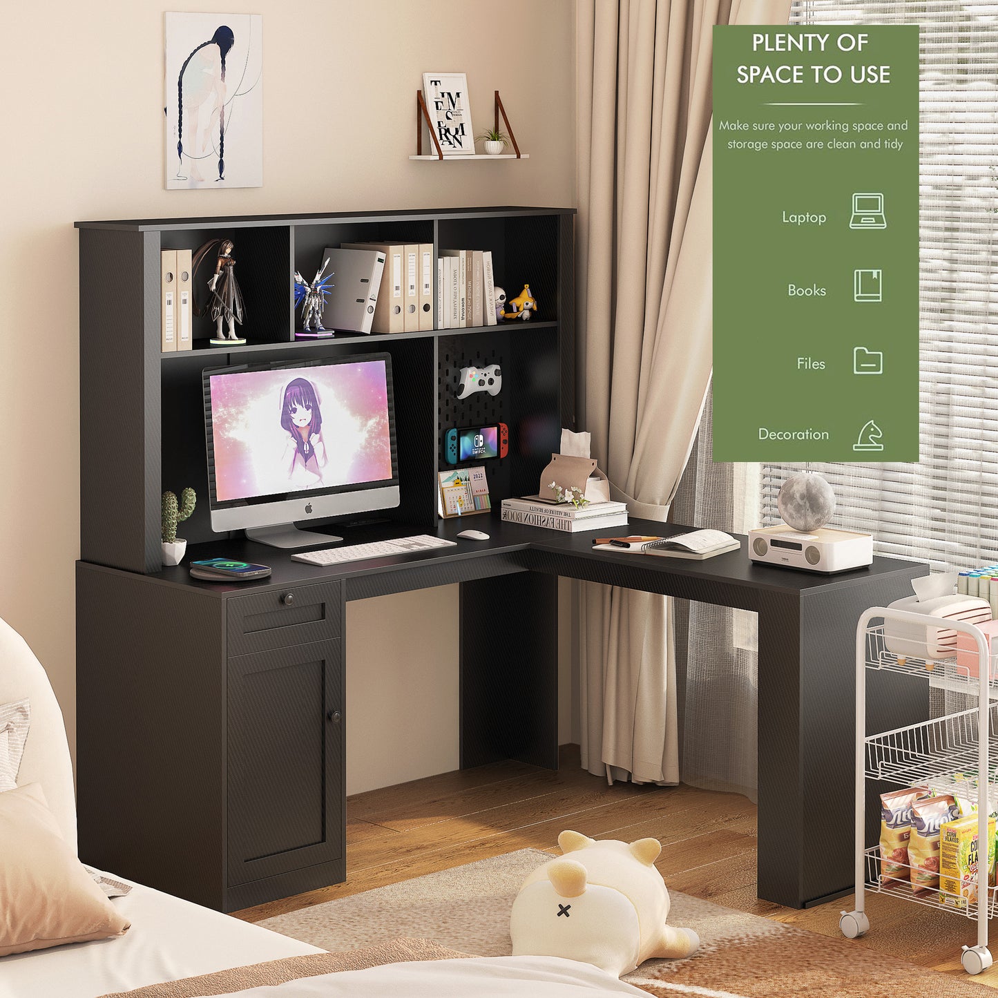 L-Shaped Carbon Fiber Surface Home/Office Desk with Power Outlet, Drawers, and Bookshelf