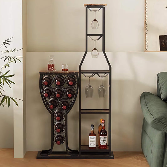FILINGSKY Freestanding Bar Organizer, Stylish Bottle Rack with Modern Shelf and Glass Holder for Wine and Spirits
