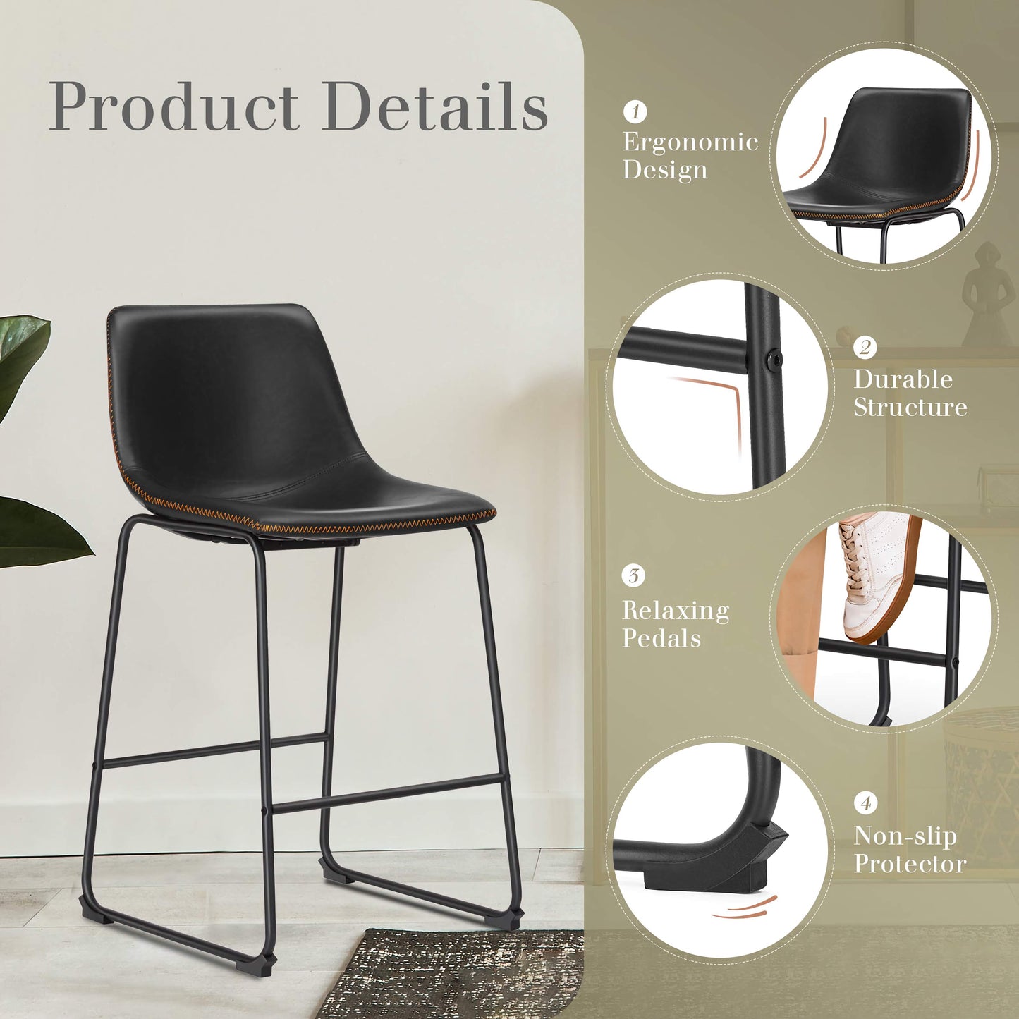 2-Piece Modern Kitchen Barstools, Comfortable Elevated Chairs for Dining Room or Kitchen Island