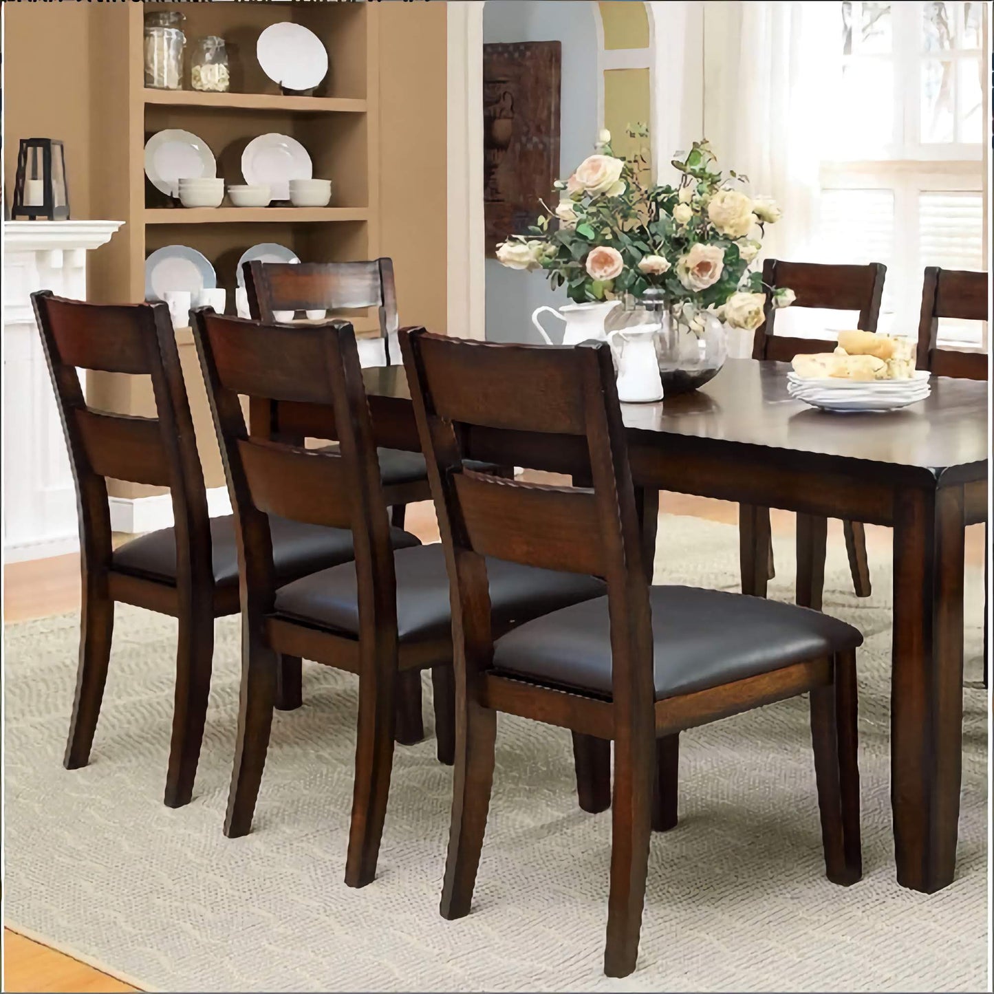 2-Piece Solid Wood Dining Chairs, Comfortable Padded Leatherette Seats with Dark Cherry Finish for Kitchen or Dining Room