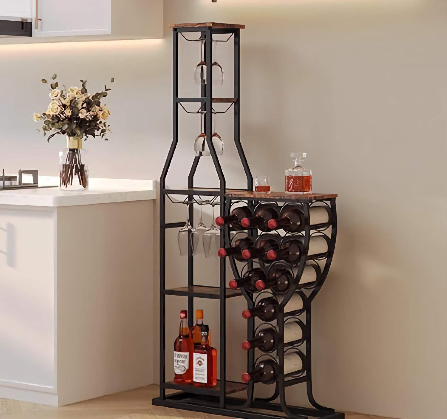 Freestanding Bar Organizer, Stylish Bottle Rack with Modern Shelf and Glass Holder for Wine and Spirits