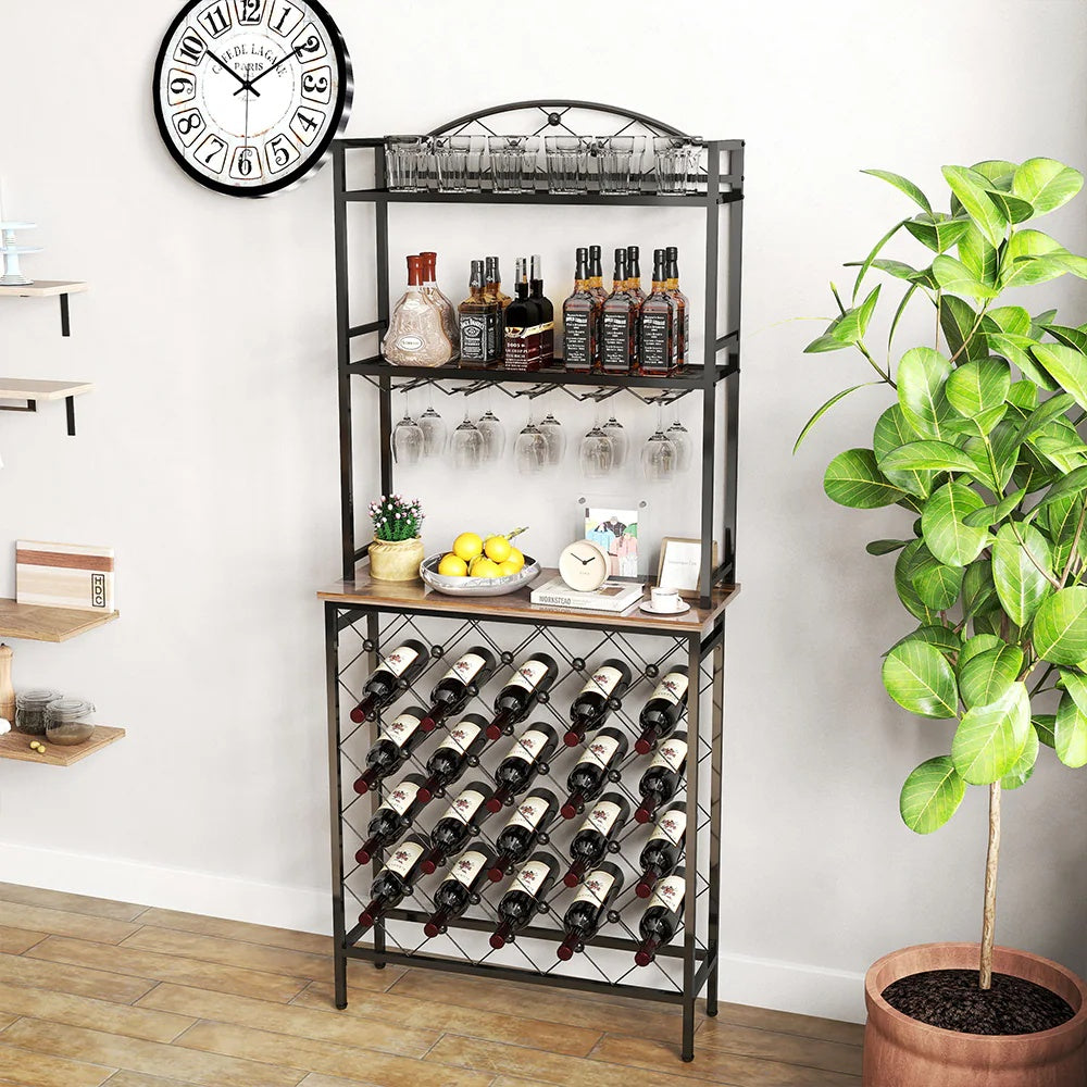 Freestanding Bottle Rack Bar Organizer, Storage Rack with shelf and Glass Holder