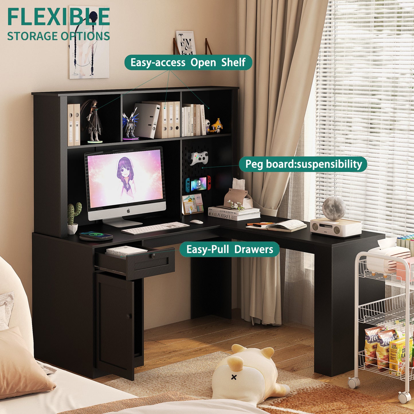 L-Shaped Carbon Fiber Surface Home/Office Desk with Power Outlet, Drawers, and Bookshelf