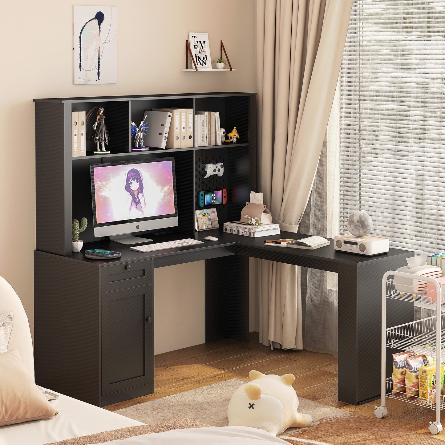 L-Shaped Carbon Fiber Surface Home/Office Desk with Power Outlet, Drawers, and Bookshelf
