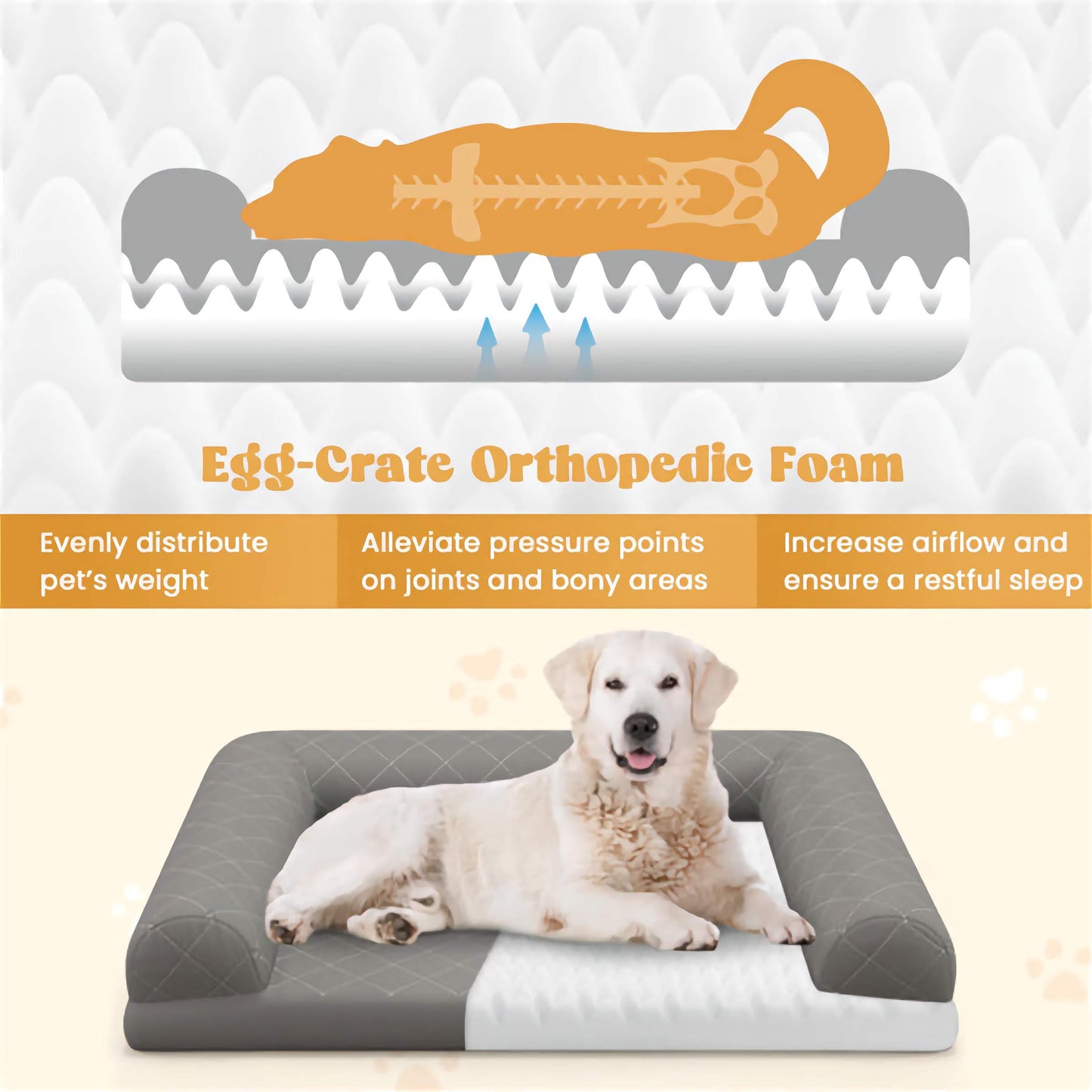 36in. Egg-Crate Orthopedic Pet Bed, Soft Polyester Surface with Elevated Bolsters for Comfort and Joint Support