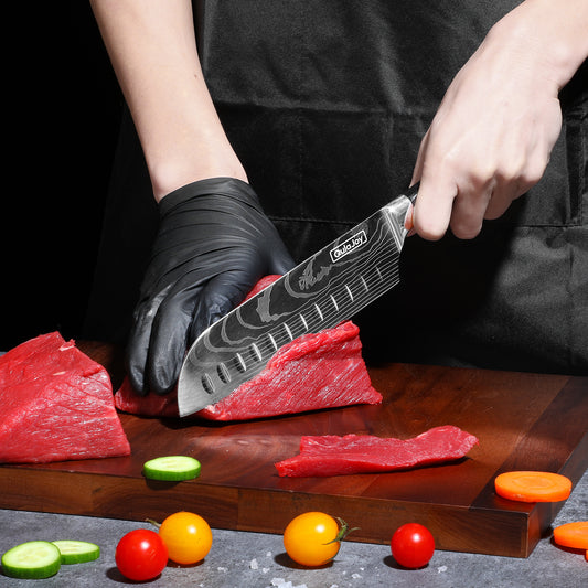 Qulajoy Santoku Japanese Chef Knife, Ultra Sharp Carbon Stainless Steel Kitchen Blade with Ergonomic Pakkawood Handle