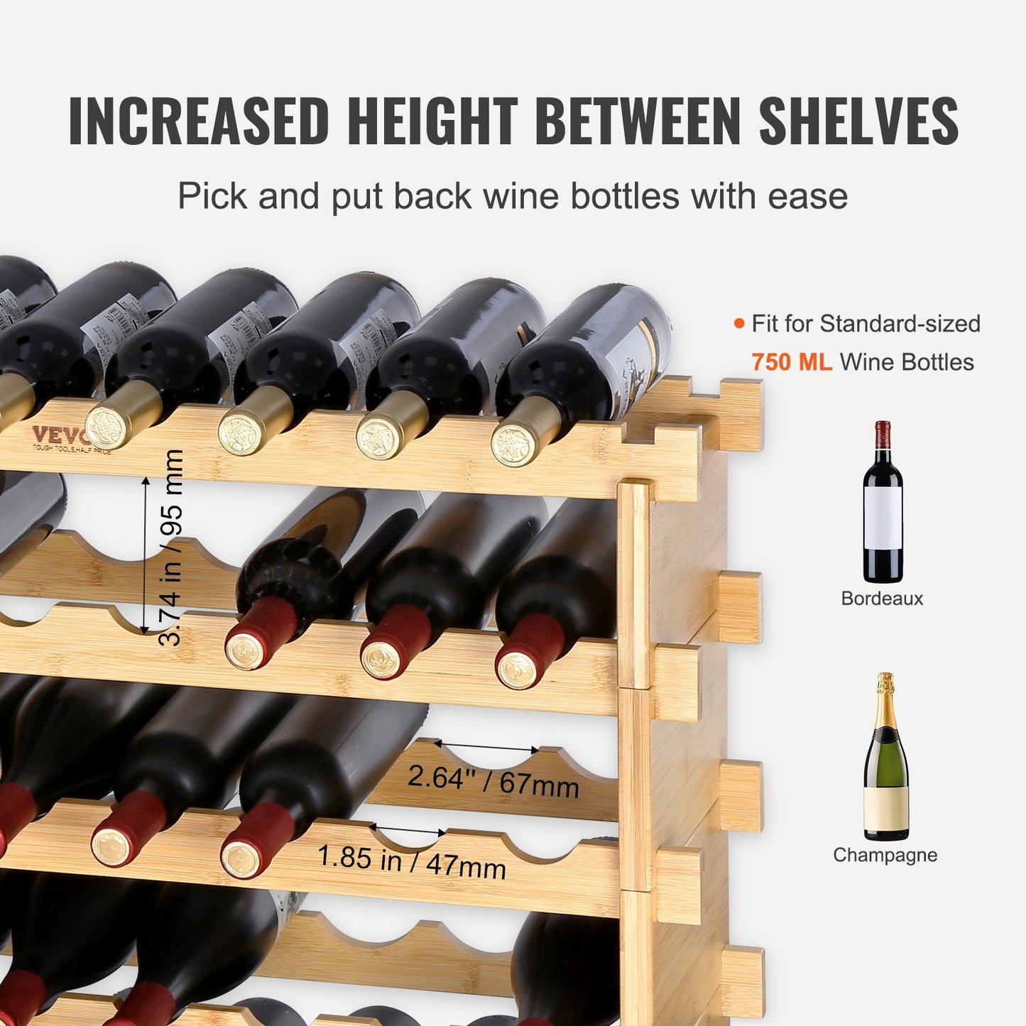 VEVOR 6-Tier Stackable Bottle Rack, 48-Bottle Holder with Bamboo Wood Display Shelf