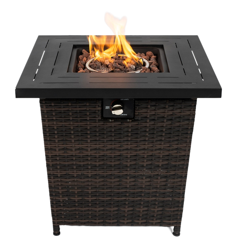 28in. Outdoor Propane Fire Pit Table, Patio Heater with Faux Wicker/Rattan Base