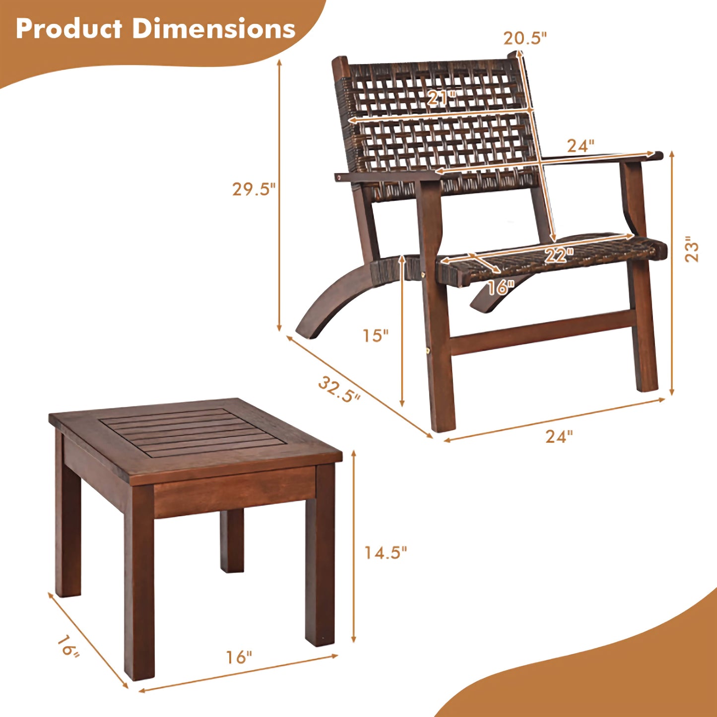 3-Piece Outdoor Wooden Patio Furniture Set