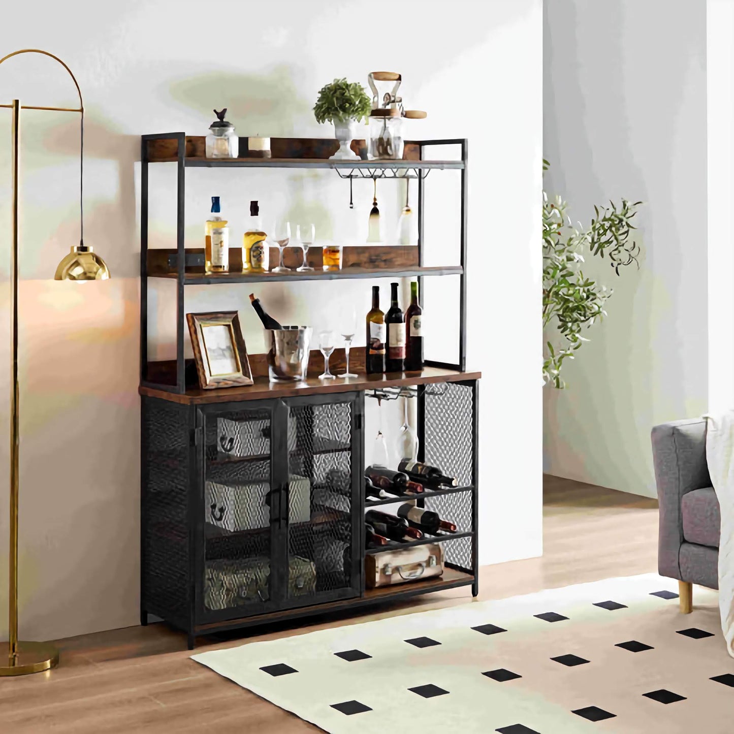Coffee Bar Cabinet/Bottle Rack, Bar Counter, Shelves with Power Outlet, 3-Tier Holder
