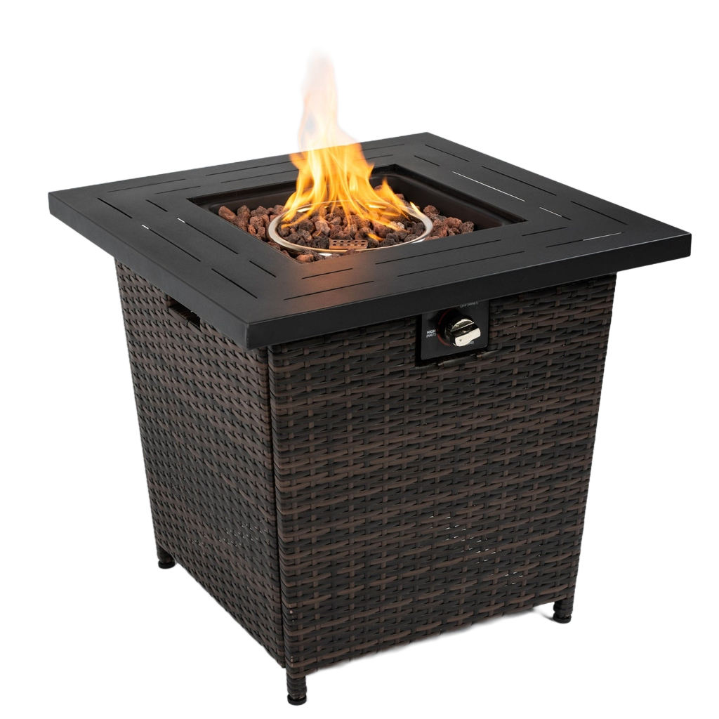 28in. Outdoor Propane Fire Pit Table, Patio Heater with Faux Wicker/Rattan Base