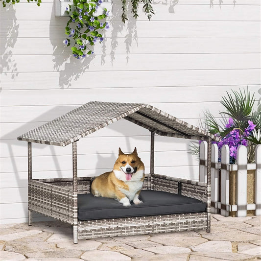 Soft Padded Pet Cabana, Cozy Weather-Protected PE Rattan Sofa Bed for Dogs and Cats
