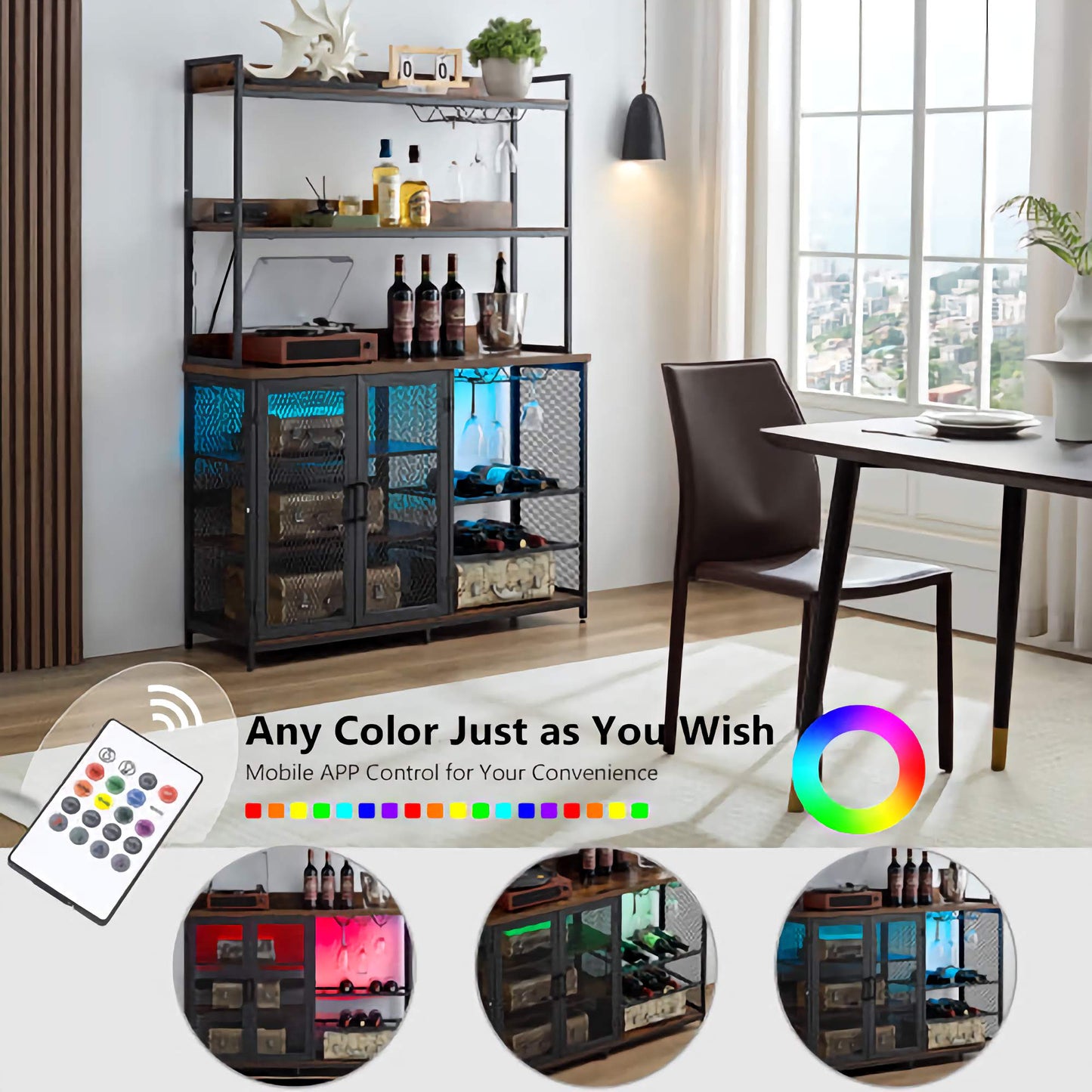 Coffee Bar Cabinet/Bottle Rack, Bar Counter, Shelves with Power Outlet, 3-Tier Holder