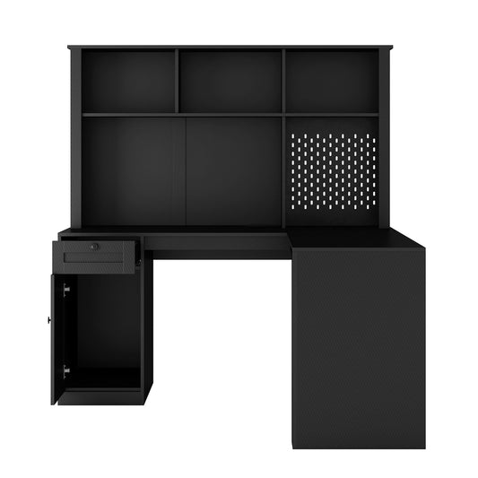 L-Shaped Carbon Fiber Surface Home/Office Desk with Power Outlet, Drawers, and Bookshelf