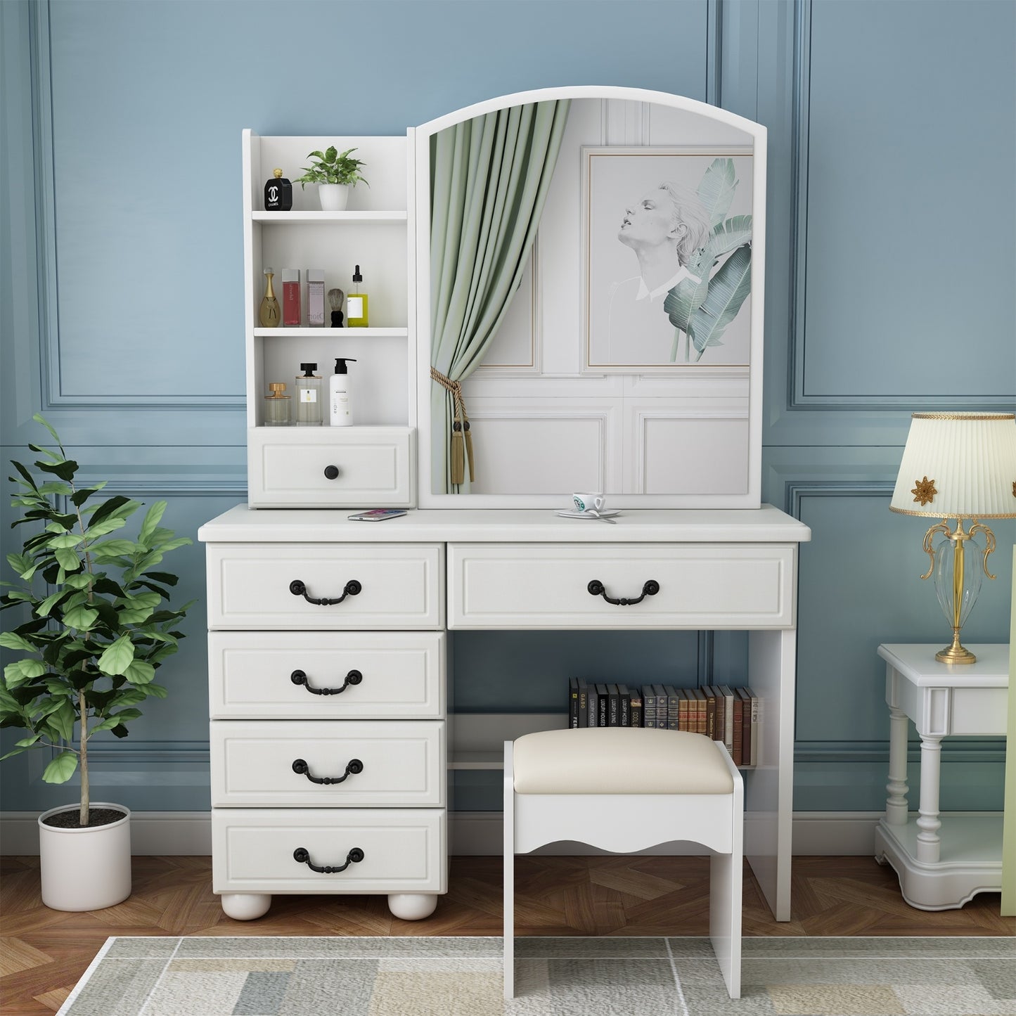 3-Tier Fashion Vanity Desk, Storage Table with Mirror, Lights, and Drawers