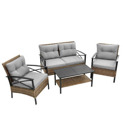 4-Piece Patio Sectional Sofa Set, KD Rattan Wicker, Outdoor Garden Furniture