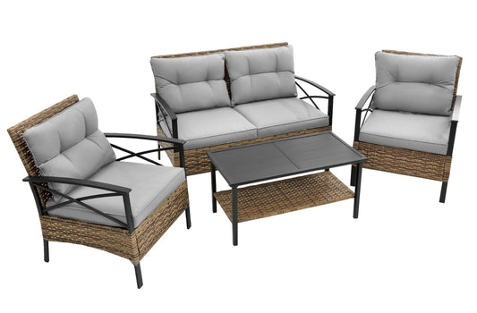 4-Piece Sectional Patio Sofa Set, Outdoor Garden Furniture with KD Rattan/Wicker Base