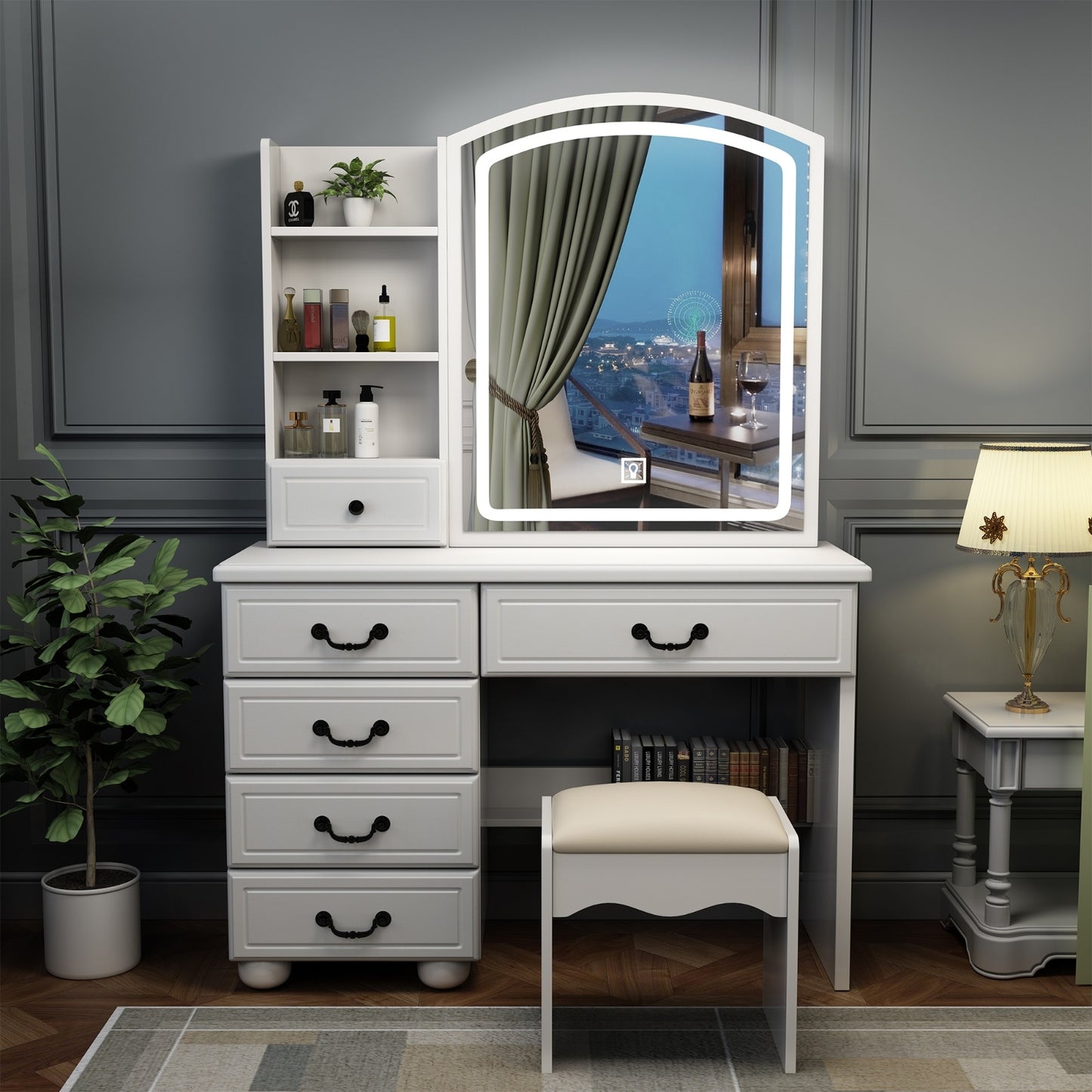 3-Tier Fashion Vanity Desk, Storage Table with Mirror, Lights, and Drawers