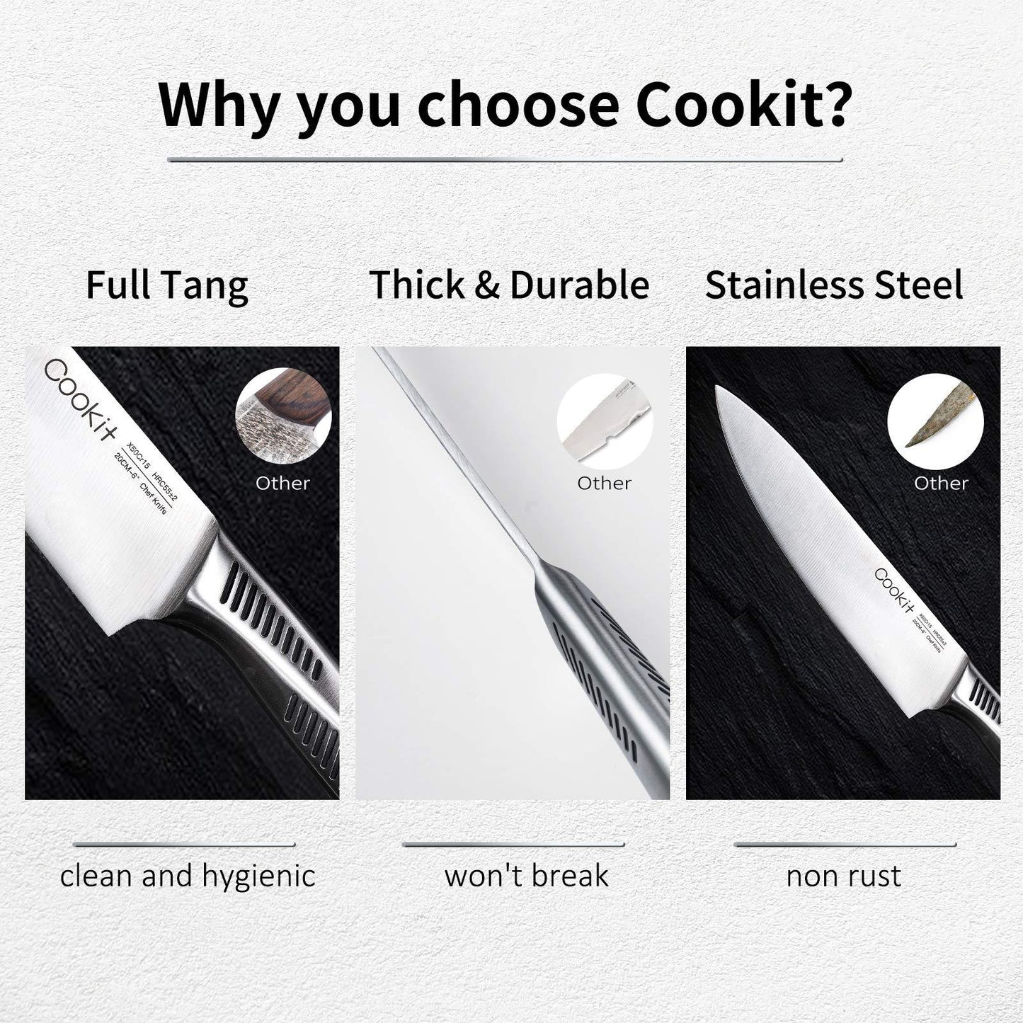 Cookit 15-Piece Kitchen Knife Set, Stainless Steel Chef Knives with Non-Slip Handles, Holder and Blade Sharpener