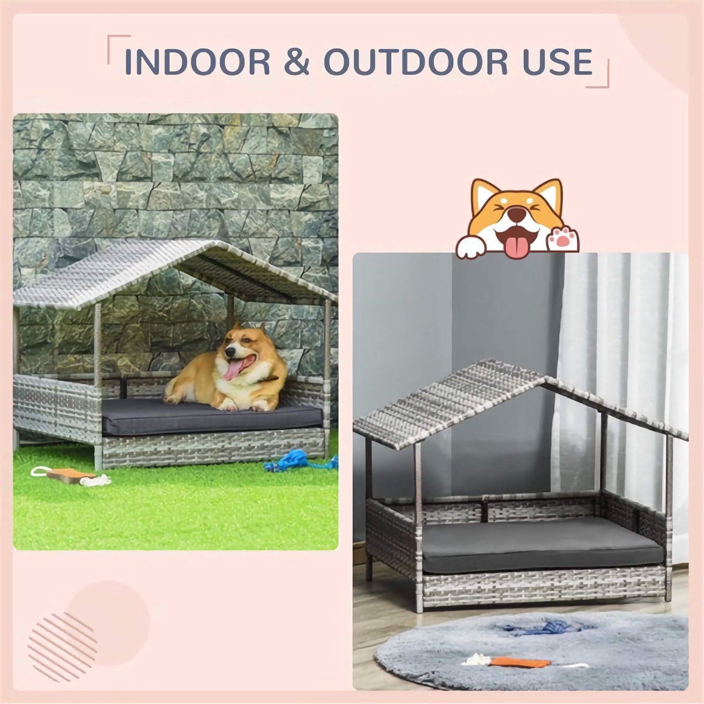 Soft Padded Pet Cabana, Cozy Weather-Protected PE Rattan Sofa Bed for Dogs and Cats