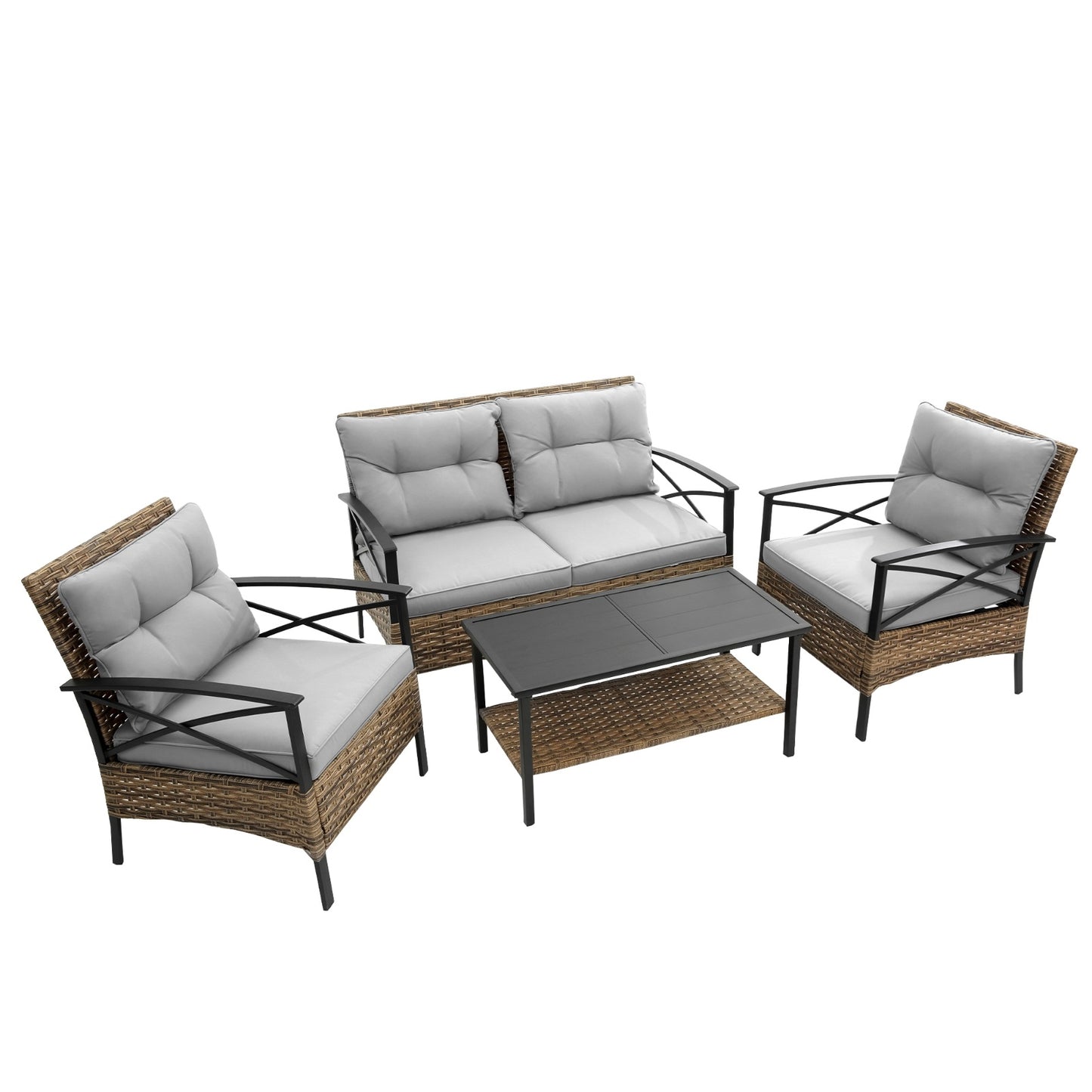 4-Piece Patio Sectional Sofa Set, KD Rattan Wicker, Outdoor Garden Furniture