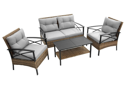 4-Piece Sectional Patio Sofa Set, Outdoor Garden Furniture with KD Rattan/Wicker Base