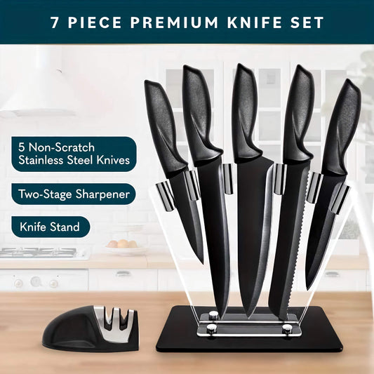 7-Piece Carbon Stainless Steel Kitchen Knife Set, Chef Knife Set with Ergonomic Handles and Blade Sharpener