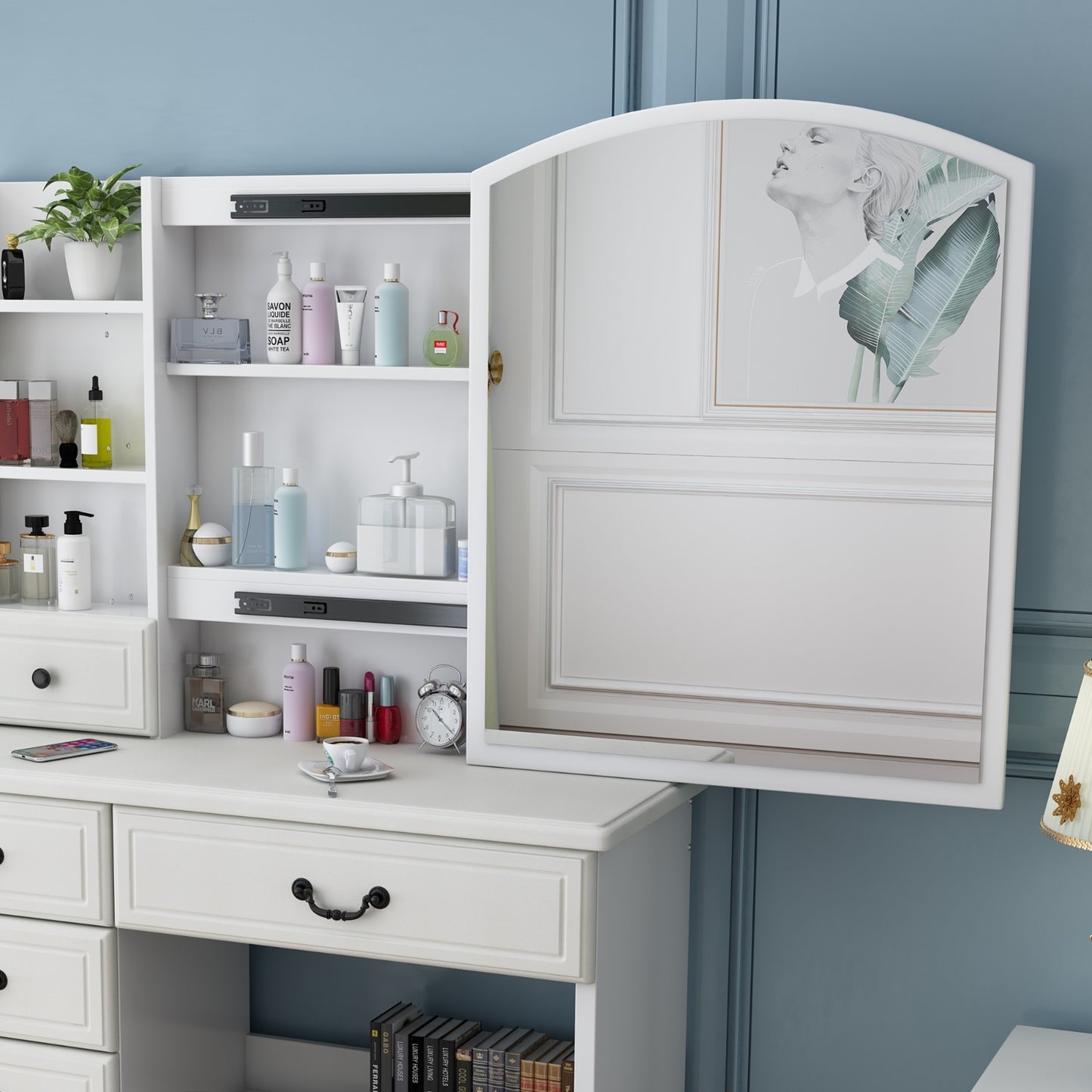 3-Tier Fashion Vanity Desk, Storage Table with Mirror, Lights, and Drawers