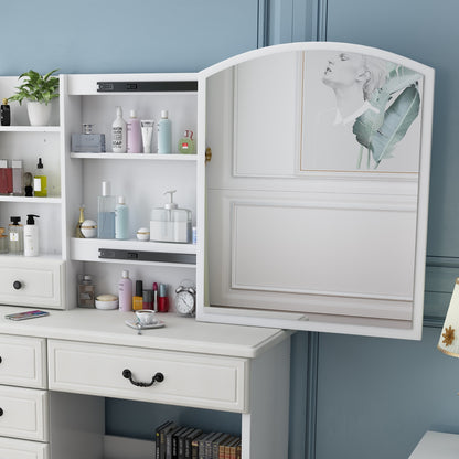 3-Tier Fashion Vanity Desk, Storage Table with Mirror, Lights, and Drawers