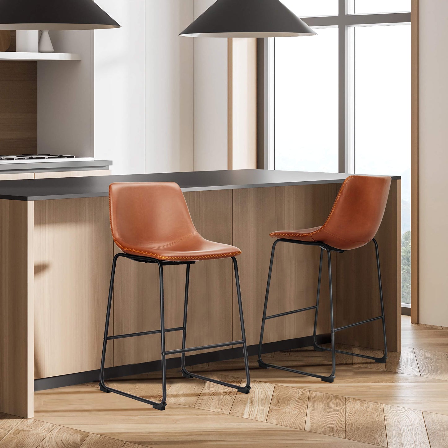 2-Piece Modern Kitchen Barstools, Comfortable Elevated Chairs for Dining Room or Kitchen Island