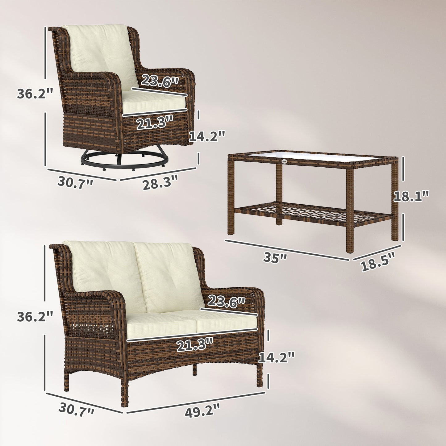 4-Piece Patio Furniture Set, Rattan Conversation Set with Swivel Glider Chairs, Table, Loveseat