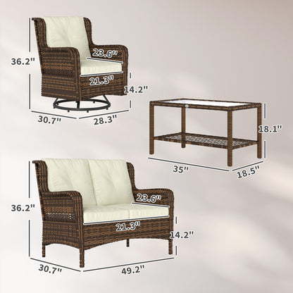 4-Piece Patio Furniture Set, Rattan Conversation Set with Swivel Glider Chairs, Table, Loveseat