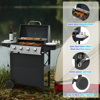 4-Burner Propane BBQ Grill, Stainless Steel Outdoor Grill with Storage Shelves, Wheels, Lid, and Bottle Opener