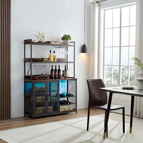 Coffee Bar Cabinet/Bottle Rack, Bar Counter, Shelves with Power Outlet, 3-Tier Holder